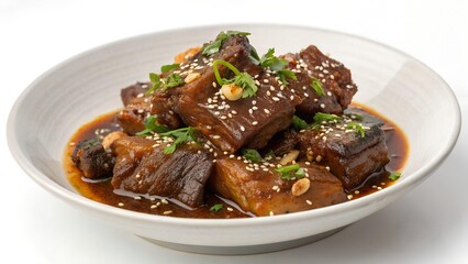 The image shows a bowl of tender braised short ribs, glossy with sauce, garnished with sesame seeds, nuts, and