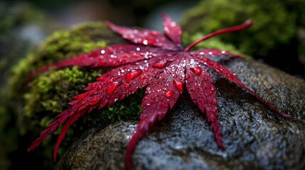 A vibrant red maple leaf, covered in water droplets, rests on a rock surface.