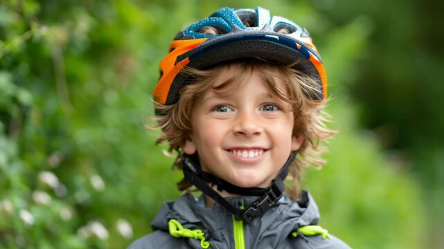 Child wearing a bicycle helmet outdoors, happy active boy in protective gear, safe cycling, healthy lifestyle, outdoor adventure, sports safety, childhood activity, kids biking, summer fun, nature bac
