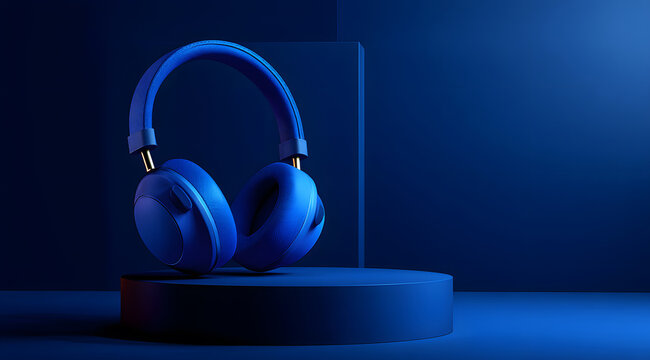 3d rendering of levitating blue headphones displayed above an empty podium on a dark blue background, designed for modern product showcase, audio branding, and technology presentation