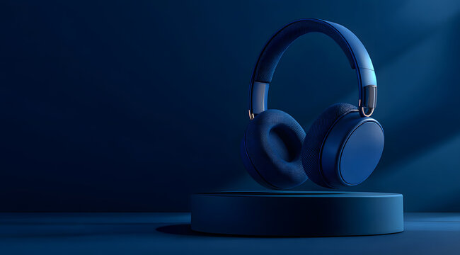 3d rendering of levitating blue headphones displayed above an empty podium on a dark blue background, designed for modern product showcase, audio branding, and technology presentation - Powered by Adobe