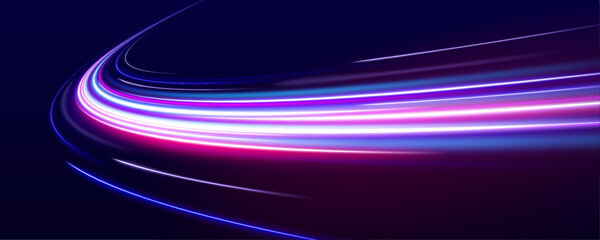 Light trail wave, fire path trace line, car lights, optic fiber and incandescence curve twirl. Neon color glowing lines background, high-speed light trails effect.	