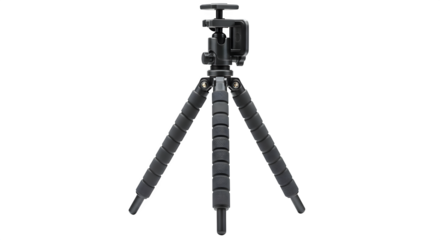 Black tripod features a textured grip and clean lines. Useful for equipment photography, product photography or tech marketing.