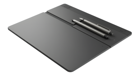 Grey, smooth tablet with pens displays design. For tech product staging, UI mockups, or digital branding.