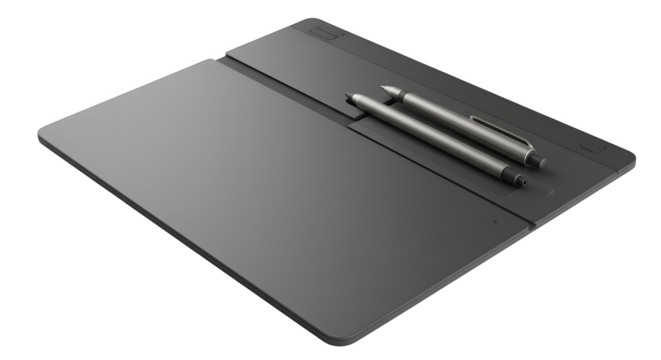 Grey, smooth tablet with pens displays design. For tech product staging, UI mockups, or digital branding. - Powered by Adobe