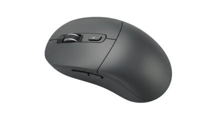 Black wireless mouse with detailed surface shines in light, suitable for product photography, tech ads, UI/UX design.