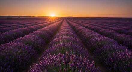 Lavender Field Landscape at Golden Sunset