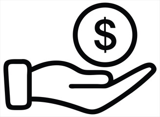 Simple line art icon of an open hand holding a dollar coin symbolizing financial assistance, giving, receiving, or earning money and wealth
