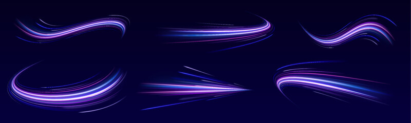 Set of glowing speed spirals on dark background for your neon design. Abstract vector fire circles, sparkling swirls and energy light spiral frames.  © MEDUZA