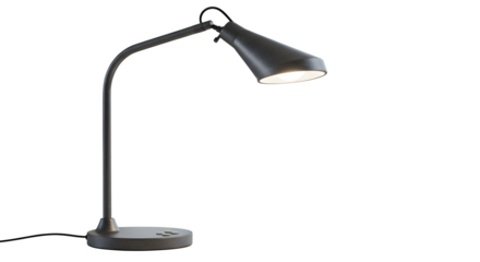 Dark gray desk lamp with light on a black background for product photography and mood setting.