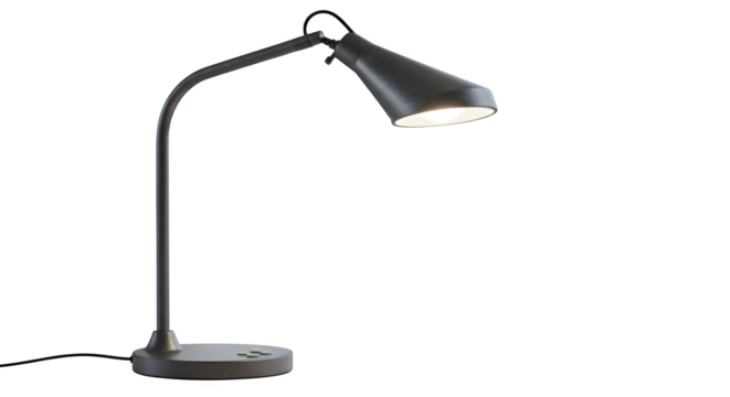 Dark gray desk lamp with light on a black background for product photography and mood setting.