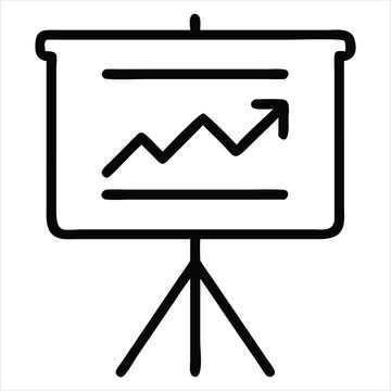 Simple outline icon of a presentation whiteboard on a tripod stand displaying an upward trending line graph with an arrow indicating growth and progress