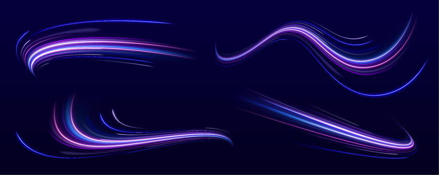 Set of bright neon speed lines. High speed effect motion blur night lights in blue and red colors, abstract flash perspective road glow streaks long time exposure vector set on transparent background.