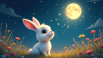 A cute white rabbit looks up at the moonlit night sky.
