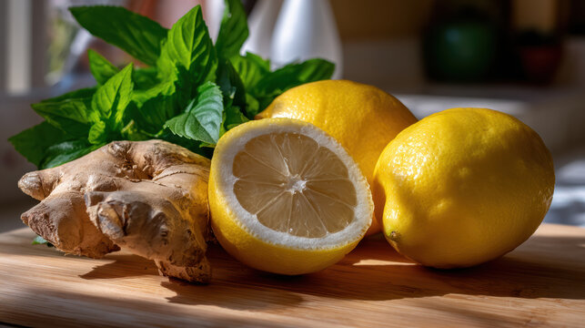 Fresh lemon with ginger root and green mint leaves on wooden table