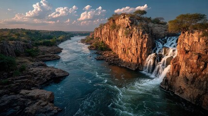 High-angle view of a river flowing over a waterfall cascading into a canyon with dramatic cliffs