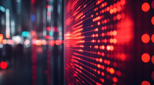 Red stock market graph going down on a digital display background. Business concept of a red downward-trending line representing financial and stock market candles,