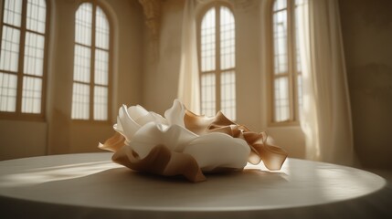 Elegant floral arrangement on a round table in a sunlit room with large windows