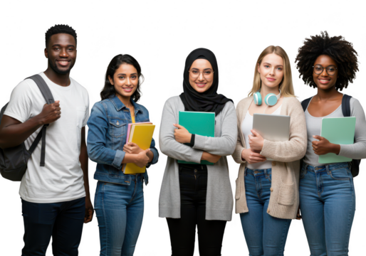 Diverse group of smiling students holding books and laptop isolated on transparent background