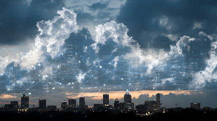 A skyline with an overlay of cloud computing graphics to represent virtual storage (2)