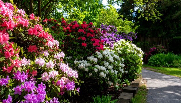 Vibrant multicolored rhododendrons line a garden path, bathed in sunlight - Powered by Adobe