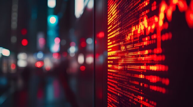 Red stock market graph going down on a digital display background. Business concept of a red downward-trending line representing financial and stock market candles,