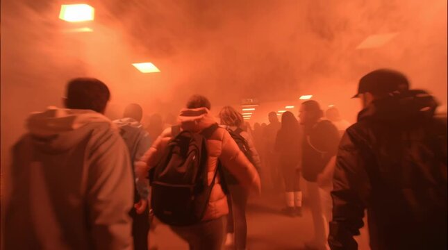 People escaping through thick red smoke during emergency evacuation in dramatic urban night scene