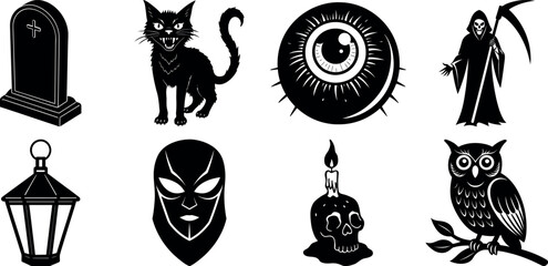 Halloween vector silhouette set with spooky icons and elements. Collection of halloween vectors