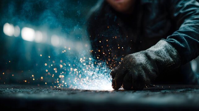 Welder creates bright sparks while working on metal in an industrial setting