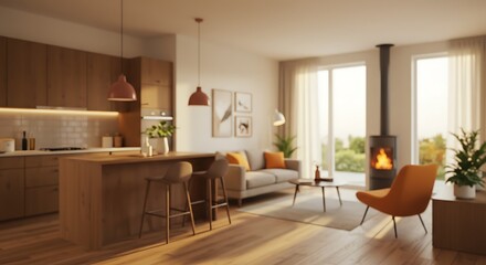 Fototapeta premium Modern zoom backgrounds featuring open concept design, highlighted by warm lighting.