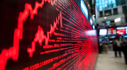 Red stock market graph going down on a digital display background. Business concept of a red downward-trending line representing financial and stock market candles,