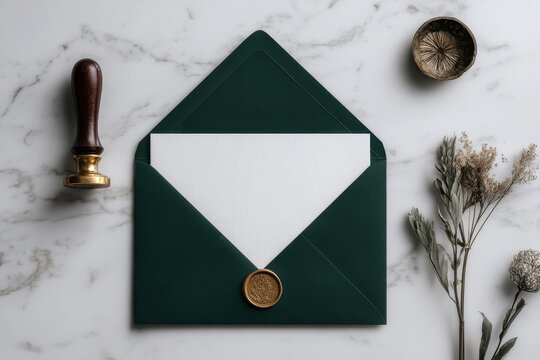 Elegant Stationery: Green Envelope, Wax Seal, and Dried Flowers on Marble