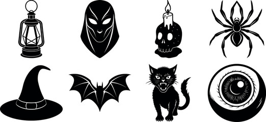 Naklejka premium Halloween vector silhouette set with spooky icons and elements. Collection of halloween vectors