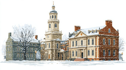 Snowfall historic building winter cityscape with clock tower and bare trees in cold season landscape