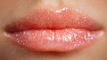 Glossy pink lips close up with smooth skin and natural shine