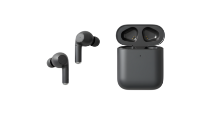 Gray matte earbuds and charging case display audio product. Useful for electronics product staging, branding, posters.