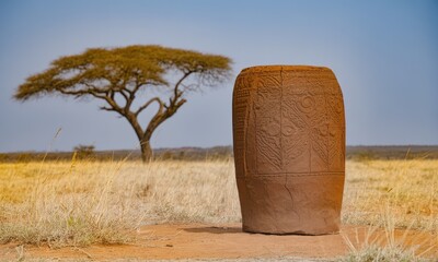 Ornamental earthenware pot in a dry grassy field