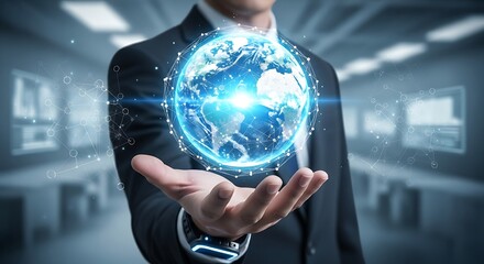 Global Technology in Business: Man Holding Digital Earth Hologram with Network in Modern Office
