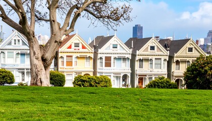 Obraz premium Vibrant painted Victorian houses line a grassy park, a large tree in the foreground