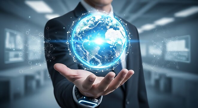 Global Technology in Business: Man Holding Digital Earth Hologram with Network in Modern Office
