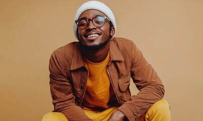 Stylish young man with glasses and beanie smiling in casual attire against neutral background