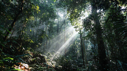 A dense rainforest with sunlight penetrating through the leafy canopy (1)