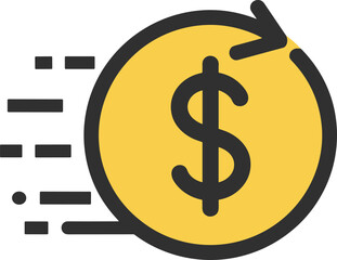 Yellow coin with dollar sign and motion lines currency money