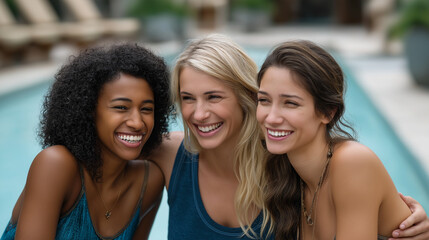 Fototapeta premium Laughter and Joy of Women Friends by the Pool in Soft Light