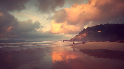 Golden hour at the beach with dramatic clouds.