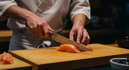 Sushiman preparing salmon sashimi