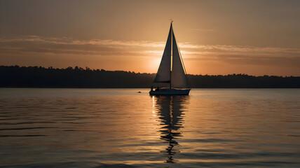 Tranquil sunset view of lone sailboat drifting on calm water, glowing horizon