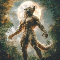 
artistic drawing of a werewolf on a full moon