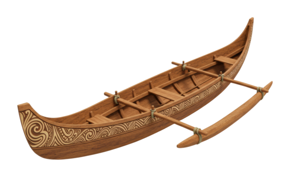 Traditional wooden canoe crafting cultural workshop art exhibit indoor environment heritage appreciation. Cut out png