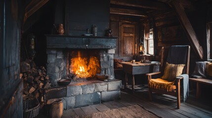 Cozy cabin interior with a warm fireplace.